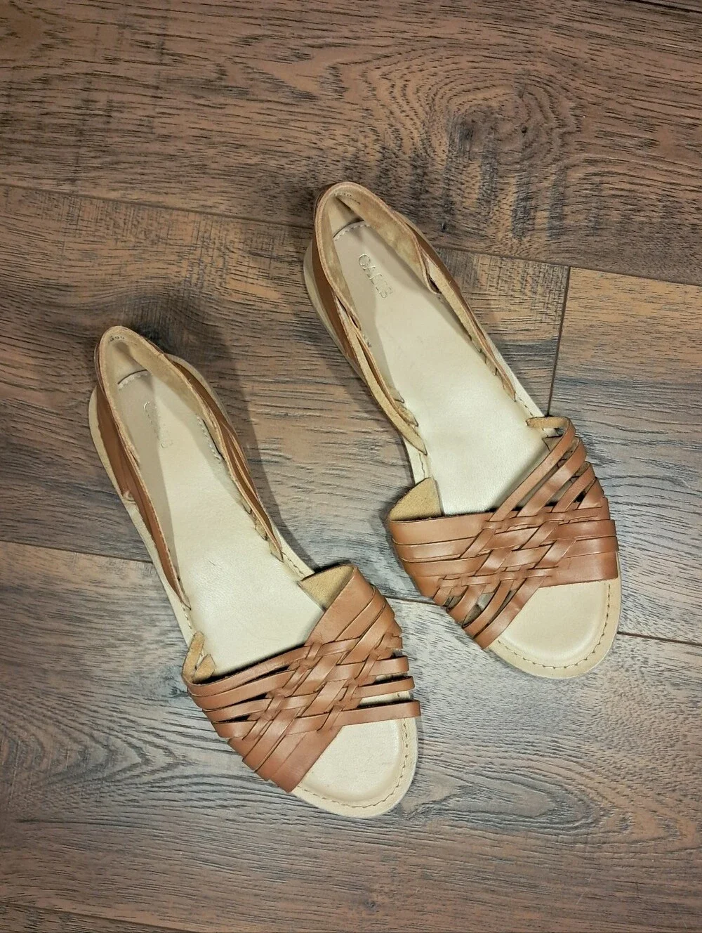 Oasis Women's Tan Woven Leather Huarache Flat Slip On Sandals